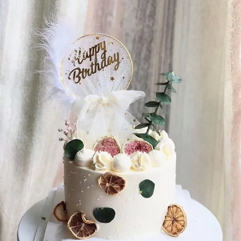 Gold Happy Birthday Cake Toppers with Mesh Bow Pearl Feather Decoration - Round